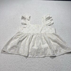 THML Women's Blouse Ivory Eyelet Square Neck Sleeveless Ruffle Sleeve Sz Large